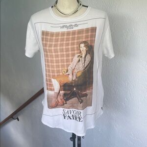 Zara Vintage W88 Savoir Faire Brown Checkered Slogan Tee Shirt Size Medium